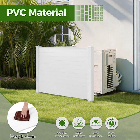 2 Panels Air Conditioner Fence 44 Inches Wide By 48 Inches High Outdoor Privacy Screens next to AC unit with PVC material label