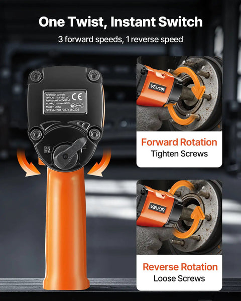 Shop Ready 1 2 Drive Pneumatic Impact Wrench Unleashes Killer 738 Ft Lbs Of Instant Bolt Breaking Power For Slim Stubby Grip and Pure Muscle Heavy Duty Auto Work showing forward and reverse switch.