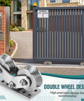 Built Tough Heavy Duty V Shaped Groove Wheel Sliding Gate Casters With Double Bearings And Detachable Brackets For Inverted Tracks And Rolling Door Smooth Rollin Replacement Setup Kit, showcasing double wheel design.