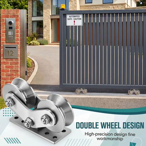 Built Tough Heavy Duty V Shaped Groove Wheel Sliding Gate Casters With Double Bearings And Detachable Brackets For Inverted Tracks And Rolling Door Smooth Rollin Replacement Setup Kit, showcasing double wheel design.
