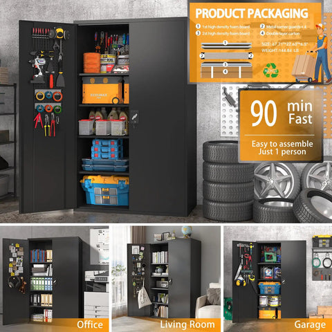 Tall And Wide Metal Storage Cabinet With Doors And Four Adjustable Shelves Beefy Heavy Duty Lockable Garage Cabinet On Wheels With Pegboard System For Office Gym Basement And Warehouse Black in garage