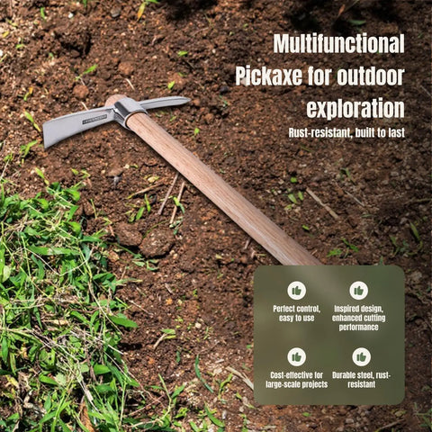 Stainless Steel Garden Pickaxe Handheld Mattock, tool on soil, rust-resistant head, wooden handle for outdoor tasks