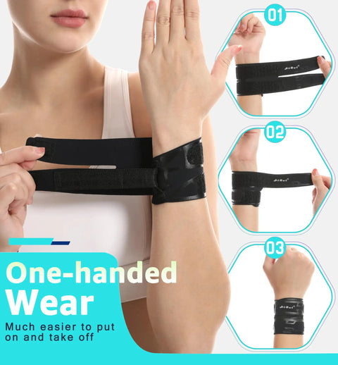 Wrist Support Wrap For TFCC Tears And Carpal Tunnel Relief Ultra Thin Adjustable Compression Strap in use on a woman's wrist.