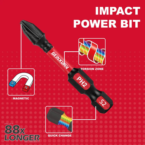 Impact Tough Magnetic 45 Piece Bit Set showing a PH2 S2 alloy steel power bit with torsion zone and magnetic feature.
