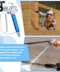 Heavy Duty Airless Paint Sprayer Gun Setup With Sturdy Nozzle Guard And Two Reversible Tips In 517 And 315 Sizes Plus Four Filter Screens for fine painting.