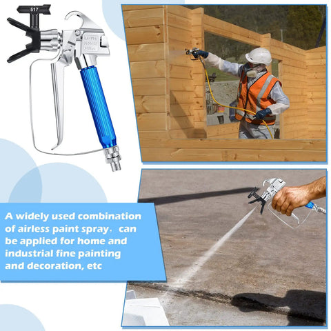 Heavy Duty Airless Paint Sprayer Gun Setup With Sturdy Nozzle Guard And Two Reversible Tips In 517 And 315 Sizes Plus Four Filter Screens for fine painting.