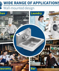 Stainless Steel Wall Mount Hand Sink 17x15 Inches With Strainer And Faucet, Commercial Grade NSF Certified in various settings.