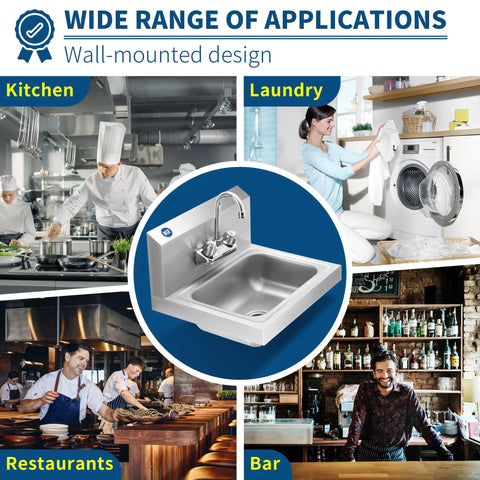 Stainless Steel Wall Mount Hand Sink 17x15 Inches With Strainer And Faucet, Commercial Grade NSF Certified in various settings.