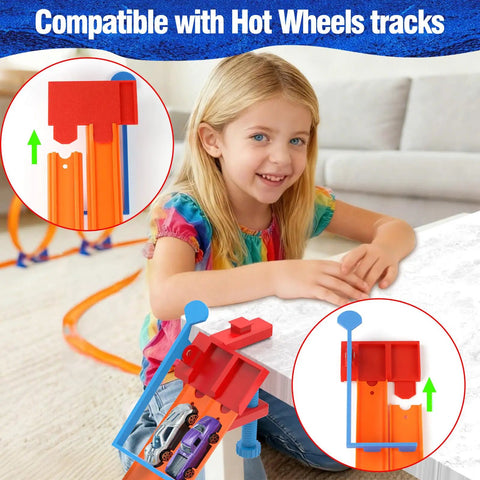 Child playing with a Two Lane Starting Gate For Toy Car Tracks Lets You Launch Two Cars At Once Quick Plug And Play Install In Seconds