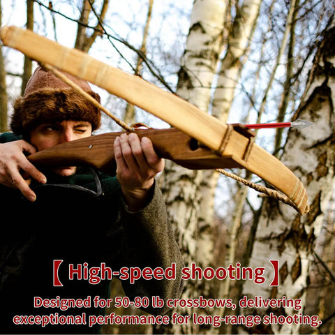 Person aiming a crossbow with a red bolt during outdoor practice, using 6.6 Inch Aluminum Mini Crossbow Bolts Set, 12 Pack, 50-80 LB Draw.
