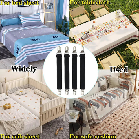 Adjustable Elastic Sofa Straps Keep Your Couch Slipcovers Locked Down Tight And Stop That Couch Jumpin Forever Heavy Duty Stretch Bungees With Grabber Clips Secure Any Sectional Recliner Or Loveseat Quick Fix Black Set in use for holding bed sheets, tablecloths, crib sheets, and sofa cushions.
