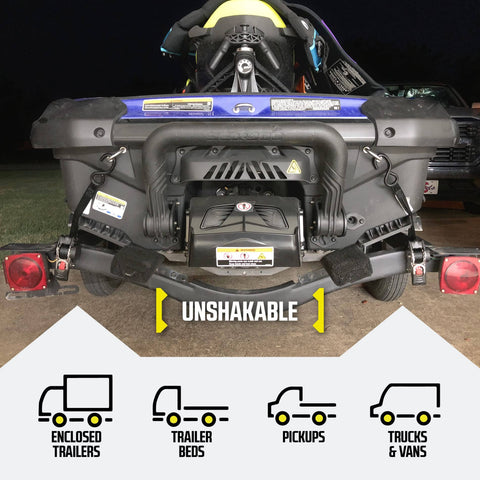 Bolt On Auto Retractable Ratchet Straps 2 Pack 2 Inch By 5.5 Foot Built Tough securing jet ski on trailer at night