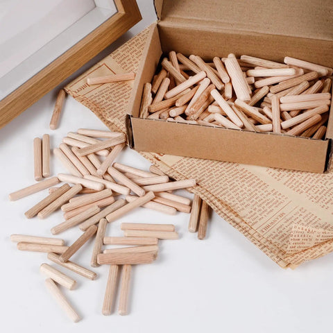 All Purpose 250 Piece Wooden Dowel Pins Kit In 4 Sizes, Fluted Hardwood Dowels For Furniture And Woodworking, Includes One Quarter Inch And Five Sixteenth Inch Pins, Durable Dense Pins For DIY Crafts And Projects. 6x30mm and 8x40mm fluted hardwood dowels in box