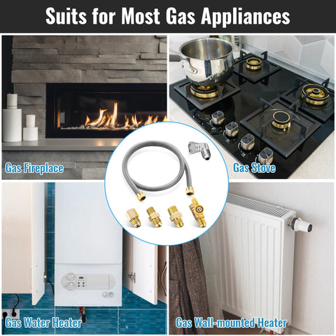 2 Pack 48 Inch Gas Hose Connector Universal Gas Appliance Hook Up Kit with 1/2 Inch Valve for fireplace, stove, and heater
