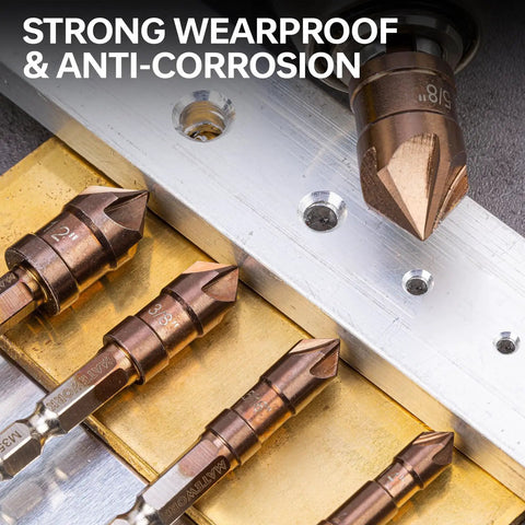 Countersink Drill Bit Set With M35 Cobalt HSS Six Piece Quick Change One Quarter Inch Hex Shank For Metal, Wood, Stainless Steel