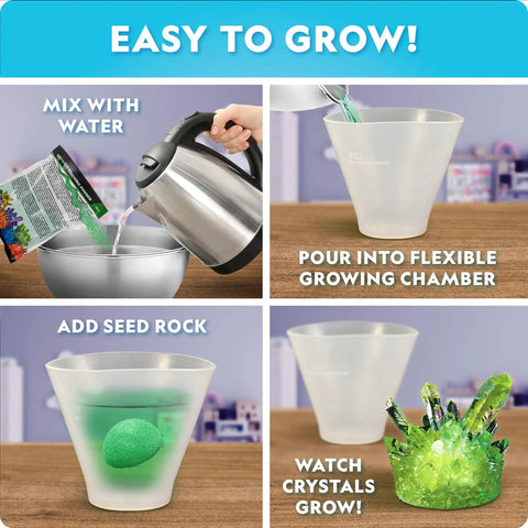 Fast Growing Crystal Kit For Kids With Eight Colors Blue Pink Red Purple Green Orange Yellow And Glow In The Dark Totally Fun STEM Science Gift For Ages Eight To Twelve Kid Friendly Crystal Craft That Grows In Three To Four Days, step-by-step setup
