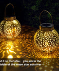 Outdoor Solar Lanterns 2 Pack Waterproof Hanging LED Lights With Metal Star Moon Sun Pattern 10 Lumens Patio Garden