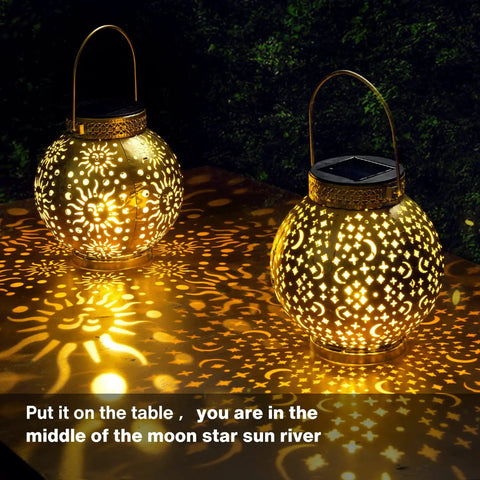 Outdoor Solar Lanterns 2 Pack Waterproof Hanging LED Lights With Metal Star Moon Sun Pattern 10 Lumens Patio Garden