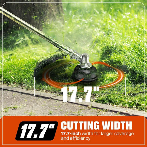17 inch gas string trimmer with 17.7 inch cutting width in action on grass, part of 22 Inch Self Propelled Gas Lawn Mower Kit.