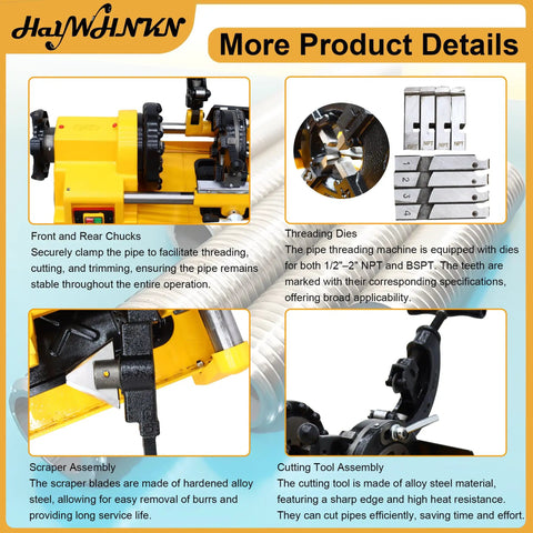 Heavy Duty Electric Pipe Threading Machine And Cutter 220V 750W features front chucks and threading dies for pipe sizes from half to two inches.