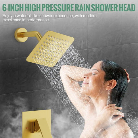Metal Shower Faucet Complete Bathroom Wall Mounted System With 6 Inch Rainfall Shower Head Setup Rough In Valve Brushed Gold