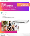 48 Port Gigabit Smart Managed Switch With 4 SFP Plus Uplinks For SMBs, plug and play networking gear displayed against informational graphic.