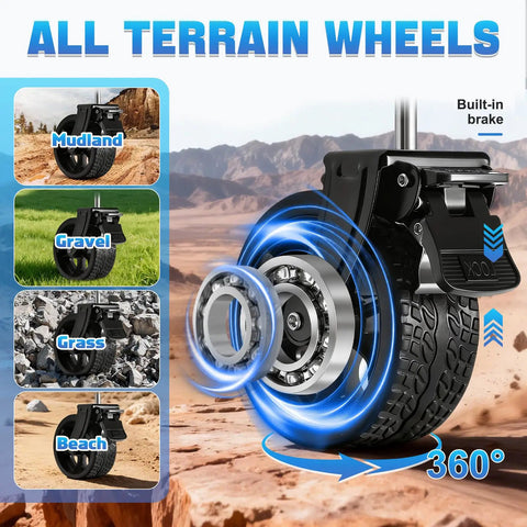 All-terrain wheel with built-in brake from Heavy Duty Collapsible Wagon Cart Workhorse Foldable With Wheels 360 Lb Capacity Portable Folding Utility Shopping Cart With 360 Degree Swivel Brakes And Cup Holders For Outdoor Camping Beach Grocery Garden.