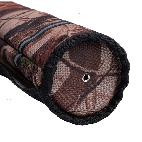 Close-up of the Camouflage Arrow Quiver Backpack For Adults, showing durable nylon material and round base detail.