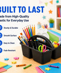 Six Pack Black Classroom Caddies With Three Compartment Plastic Storage Bins holding pencils, markers, scissors on desk.