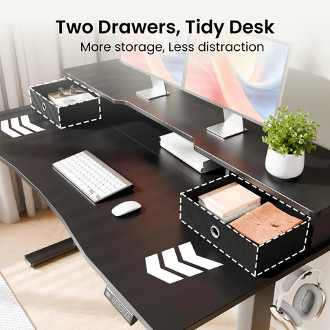 Top Shelf Electric Standing Desk 55x26 Inch with dual monitor shelf, two drawers, and keyboard, ideal for home office.