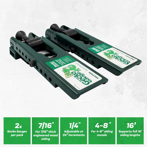 Gecko Gauge Clamp For 7/16 Inch Thick Composite Siding 2 Pack Exterior Mounting Siding Tool Ideal For One Person Installation Gauges And Supports The Next Course For Nailing Faster And More Accurate, product image showing two green clamps on white background