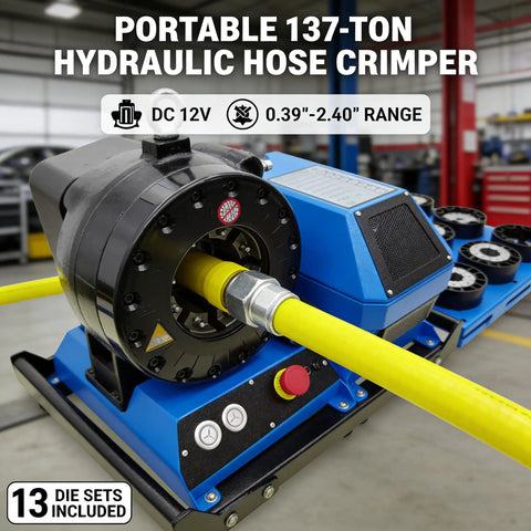Portable 12V Hydraulic Hose Crimper High Pressure 137 Ton Machine With 8 Dies For 0.4 To 2.4 Inch Hoses, close-up of internal mechanism.