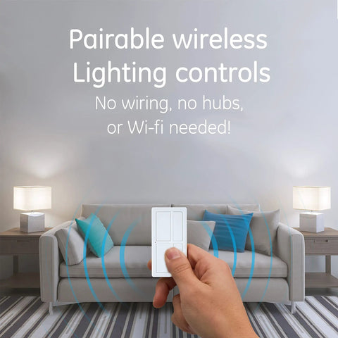 Hand holding remote in living room for Dimmable Wireless Plug In Light Switch With Remote 1 Outlet 150 Ft Range No Wiring Needed