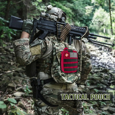 Soldier in woodland with tactical gear and red 170 Piece Survival First Aid Kit With Trauma Gear And Emergency Medical Supplies