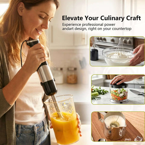 Powerhouse 800W 5 In 1 Handheld Immersion Blender With 12 Speeds handles hot soup in a glass pitcher.