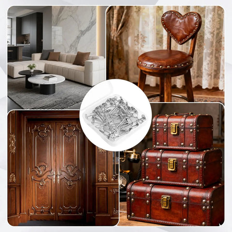 Fifty Piece Extra Long Upholstery Nails With Slick Silver Flat Heads For Heavy Duty Furniture Fixups And Diy Projects Comes In A Nifty Plastic Tote Box For No Sweat Storage And Effortless Installation displayed among furniture and decor.