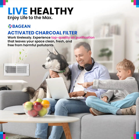 Family with dog enjoying clean air using Activated Carbon Filter Sheet 16 By 48 Inches 2 Pack For Air Purifiers Window AC Units.