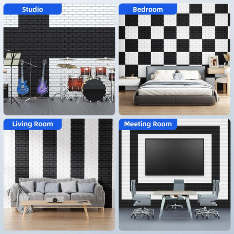 Studio, bedroom, living room, and meeting room with 12 pack high density acoustic panels 12 inch by 12 inch with self adhesive backing.