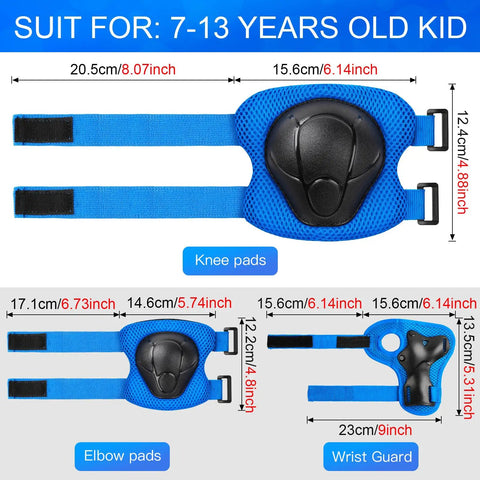 Kids 3 In 1 Protective Gear Set Knee Pads Elbow Pads And Wrist Guards For Ages 7 To 13 Blue sizing chart