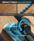 Makita 18V Compatible Cordless Brad Nailer And Stapler 2 In 1 For 18ga Fasteners Bare Tool impact force adjustment dial and fasteners.