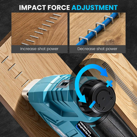 Makita 18V Compatible Cordless Brad Nailer And Stapler 2 In 1 For 18ga Fasteners Bare Tool impact force adjustment dial and fasteners.
