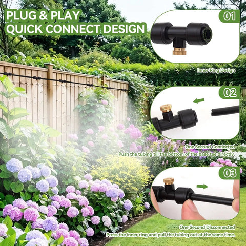 Step-by-step guide to connecting the 120Ft Outdoor Misting System With 28 Brass Nozzles And 2 Water Filters DIY Misting Kit.