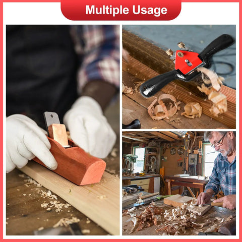 Rock Solid Adjustable Spokeshave Set With Six Precision Blades And Portable Woodworking Plane shaping wood and crafting in workshop.