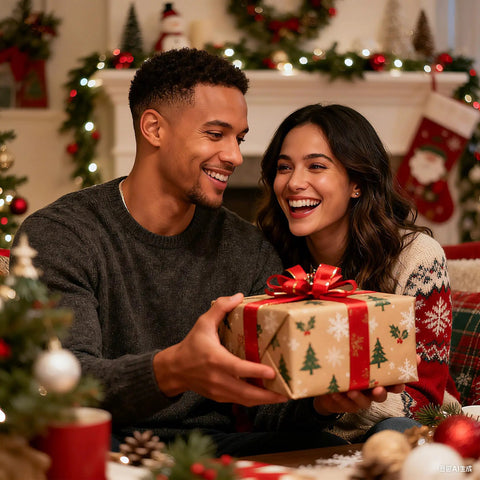 A couple exchanging a Christmas present in a cozy holiday-decorated living room, with a fireplace and festive decorations in the background.