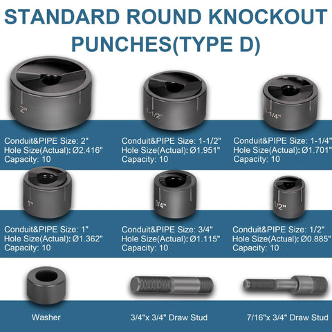 Image of standard round knockout punches, Type D, with various sizes and draw studs for EZ8 Battery Hydraulic Knockout Punch Kit With Eight Ton Capacity For One Half To Two Inch Holes Slug Buster Draw Studs Battery Charger And Case Heavy Duty Pro Grade Tool For Steel Aluminum Stainless Fiberglass And Plastics.