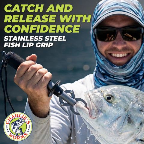 Smiling angler using stainless steel fish lip grip with ergonomic handle to hold fish in saltwater setting