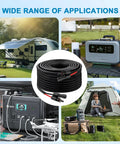8 AWG Solar Extension Cable 50 Foot With Male And Female Connectors in varied outdoor solar applications, RV and camping setups