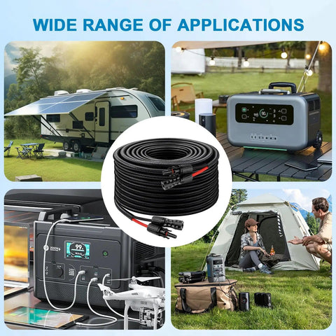 8 AWG Solar Extension Cable 50 Foot With Male And Female Connectors in varied outdoor solar applications, RV and camping setups