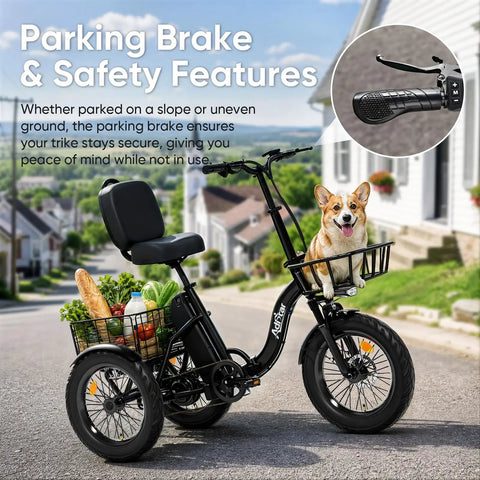 Powerful 1200W Peak Electric Trike For Adults With 48V System Long Range Up To 70 Miles Brushless Motor For Smooth Acceleration And Easy Hill Climb Ideal For Daily Commute And Errands, black 3-wheel electric trike with front and rear baskets on a street