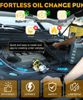 Man using Electric Oil Change Pump 12V 100W Kit With Portable Case Copper Motor Heavy Duty Cable Safety Switch in engine bay
